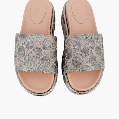 Gucci Angelina Platform Slide Sandals Silver GG Size 37