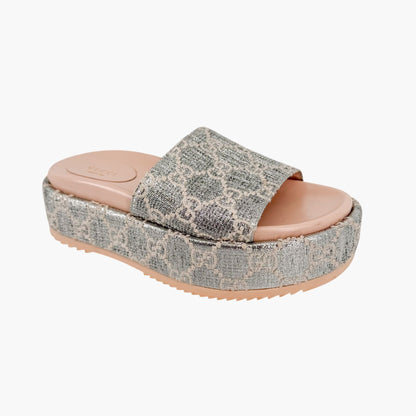 Gucci Angelina Platform Slide Sandals Silver GG Size 37