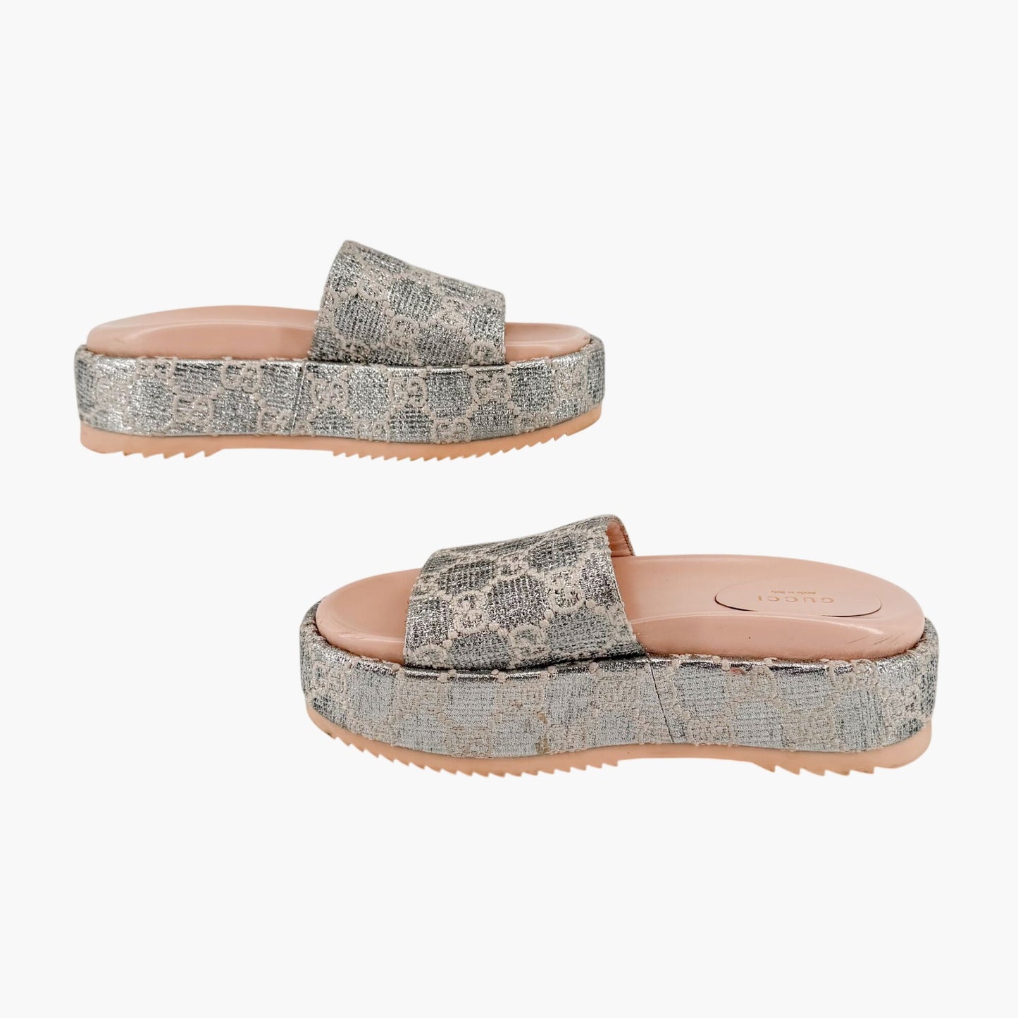 Gucci Angelina Platform Slide Sandals Silver GG Size 37