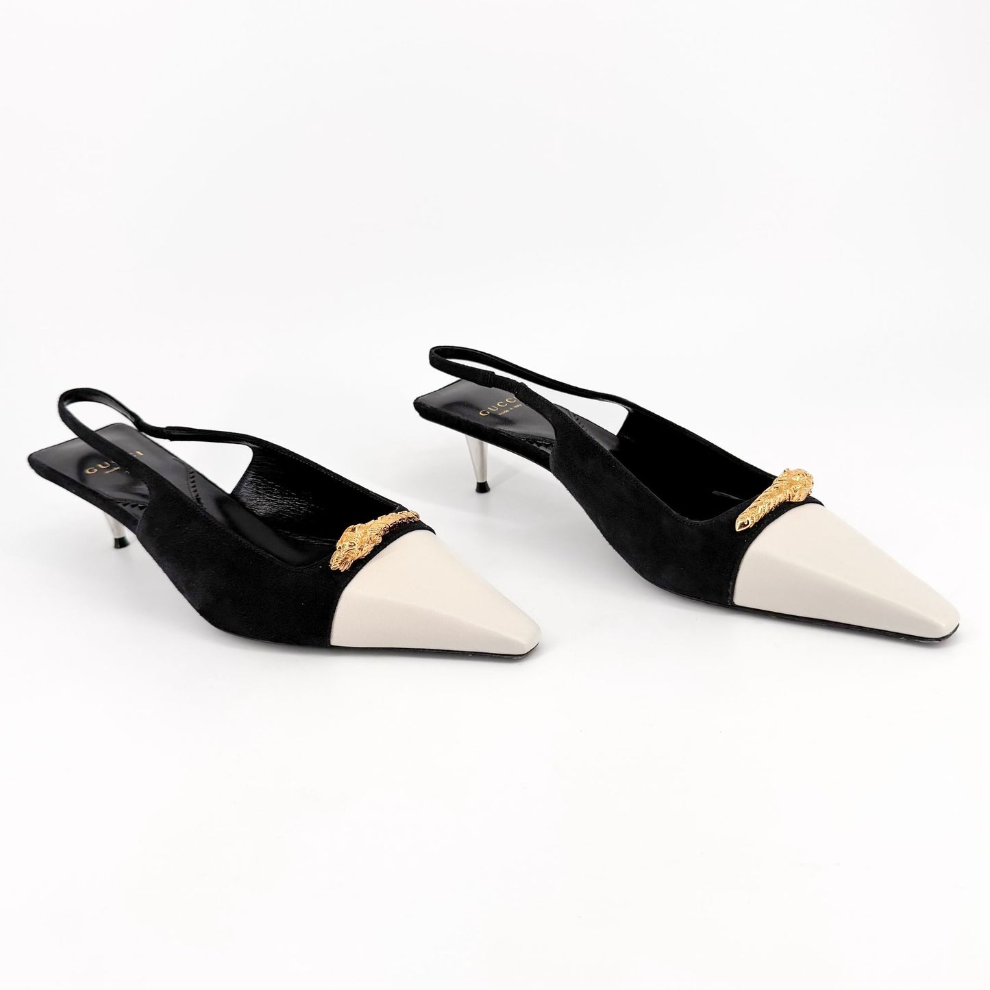 Gucci Tiger Pointed Toe Slingback Pumps in White Leather & Black Suede Size 40
