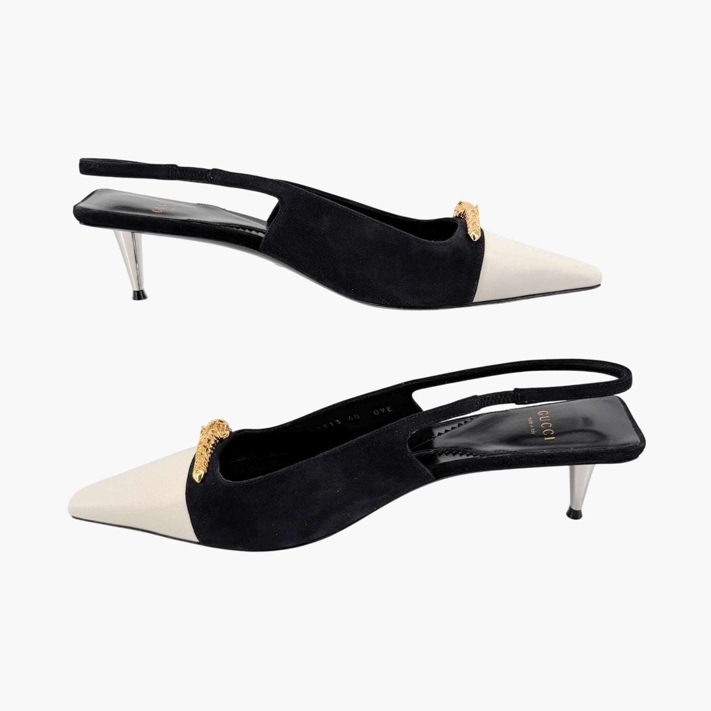 Gucci Tiger Pointed Toe Slingback Pumps in White Leather & Black Suede Size 40