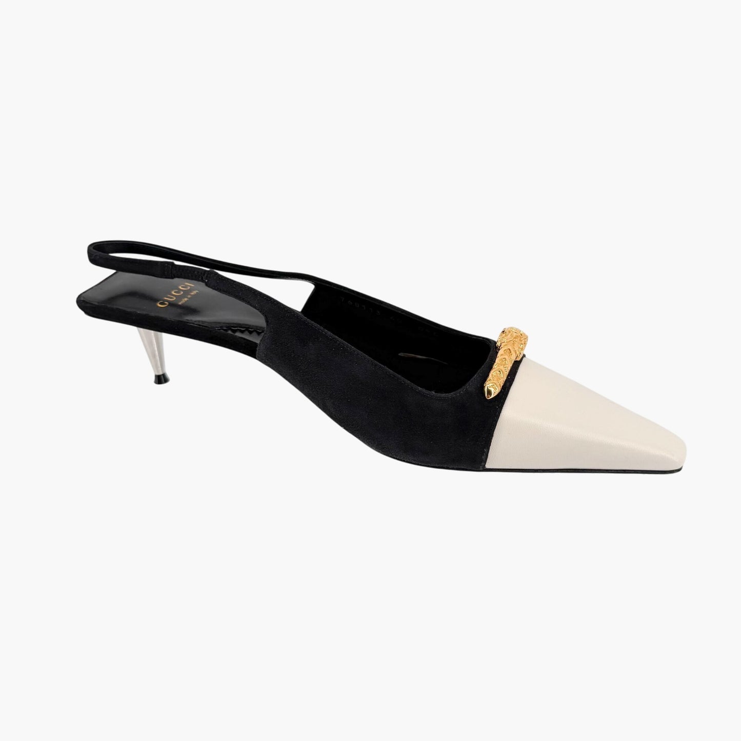 Gucci Tiger Pointed Toe Slingback Pumps in White Leather & Black Suede Size 40
