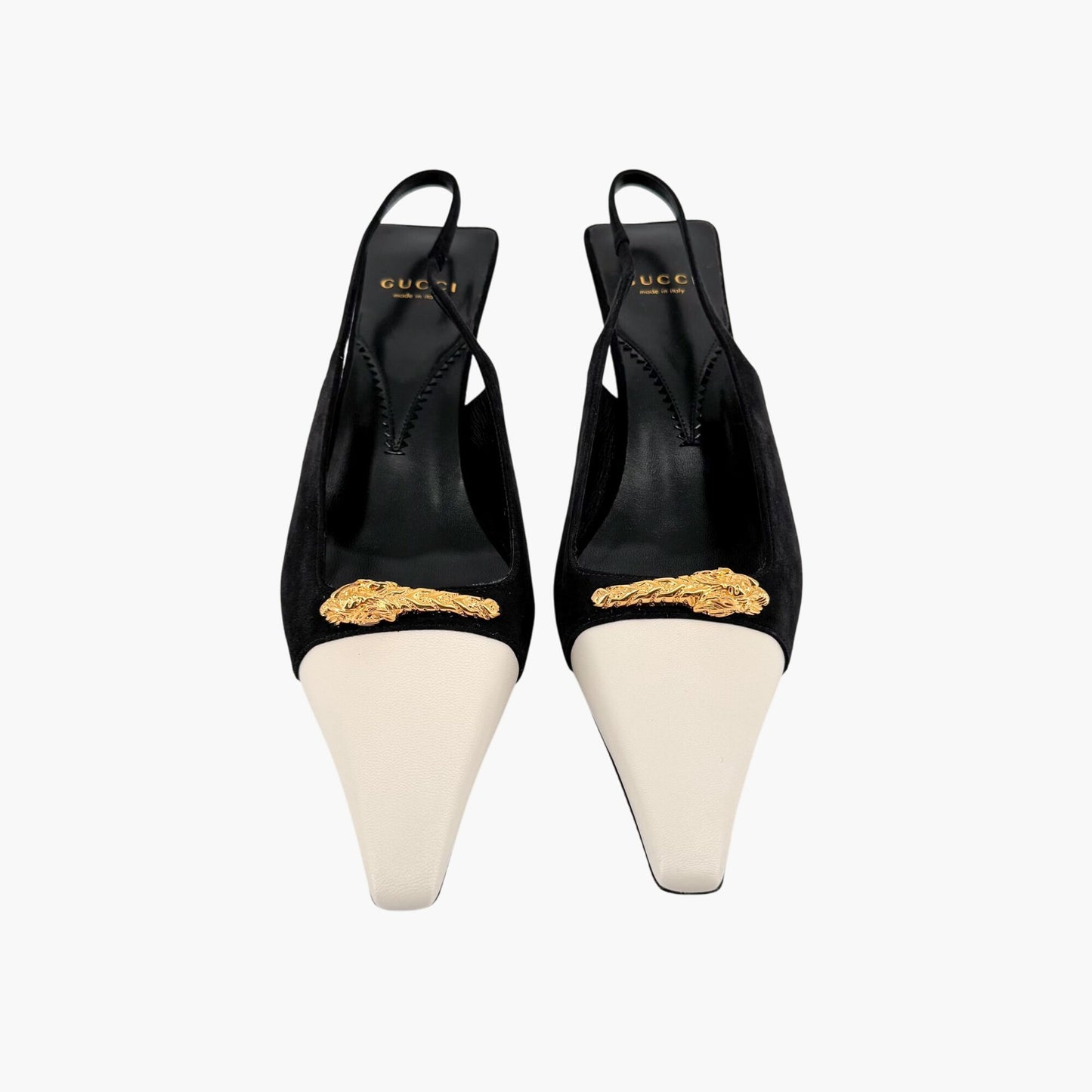 Gucci Tiger Pointed Toe Slingback Pumps in White Leather & Black Suede Size 40