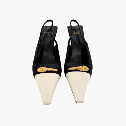 Gucci Tiger Pointed Toe Slingback Pumps in White Leather & Black Suede Size 40