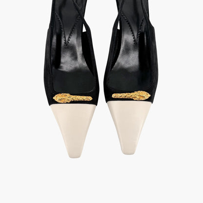Gucci Tiger Pointed Toe Slingback Pumps in White Leather & Black Suede Size 40