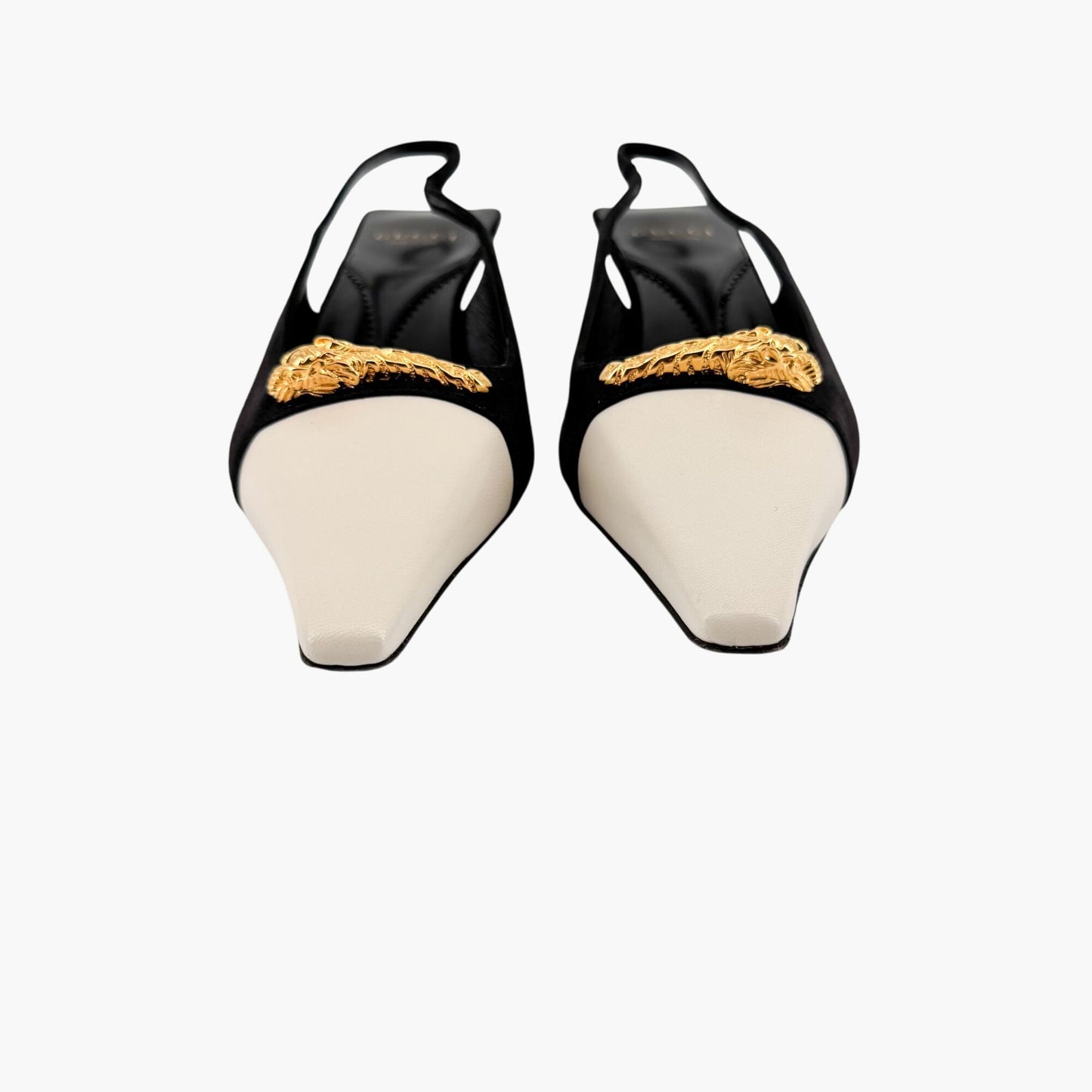 Gucci Tiger Pointed Toe Slingback Pumps in White Leather & Black Suede Size 40