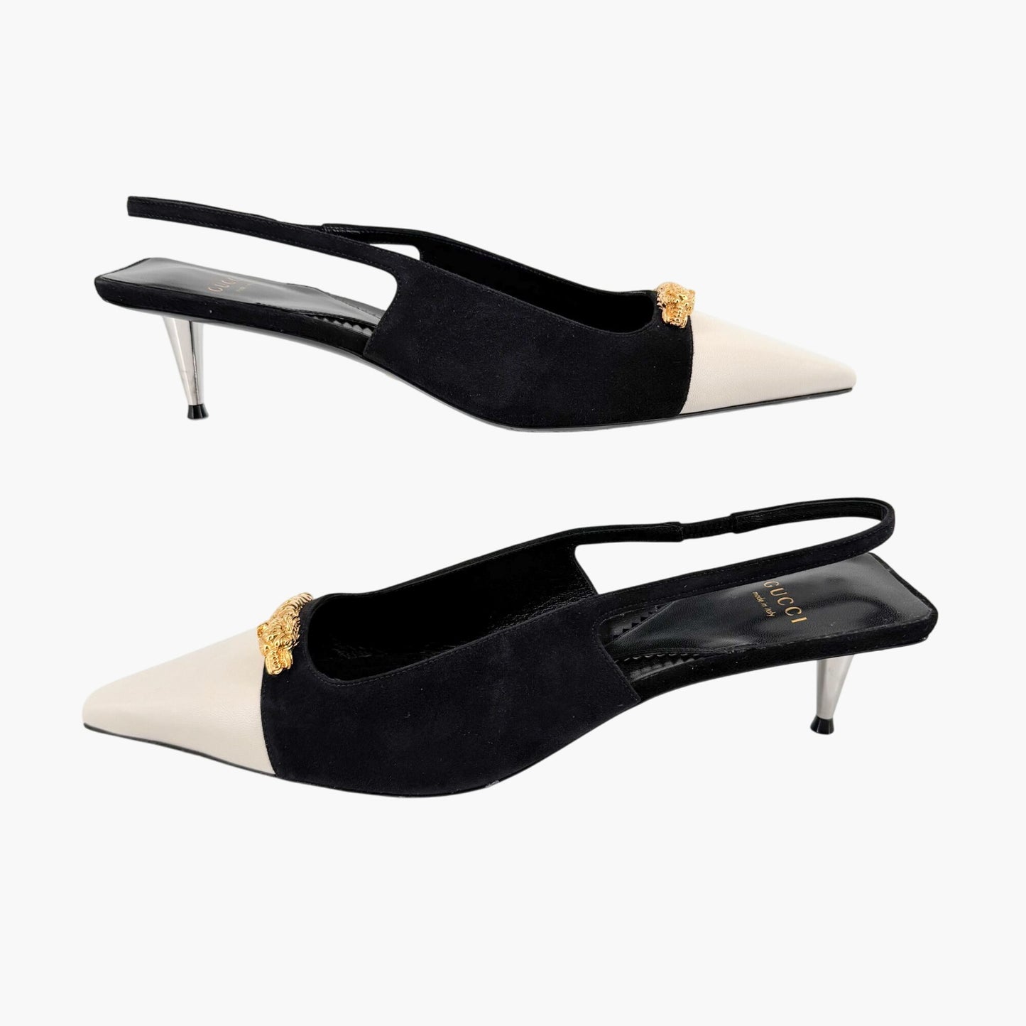 Gucci Tiger Pointed Toe Slingback Pumps in White Leather & Black Suede Size 40