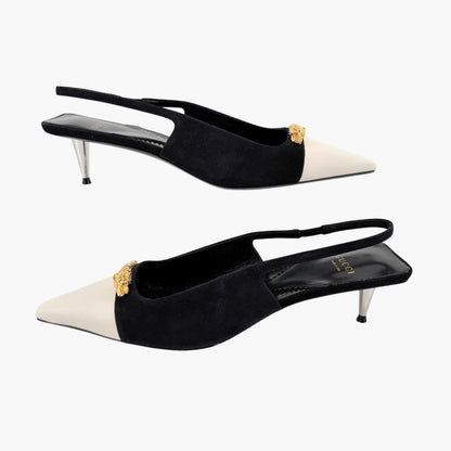 Gucci Tiger Pointed Toe Slingback Pumps in White Leather & Black Suede Size 40
