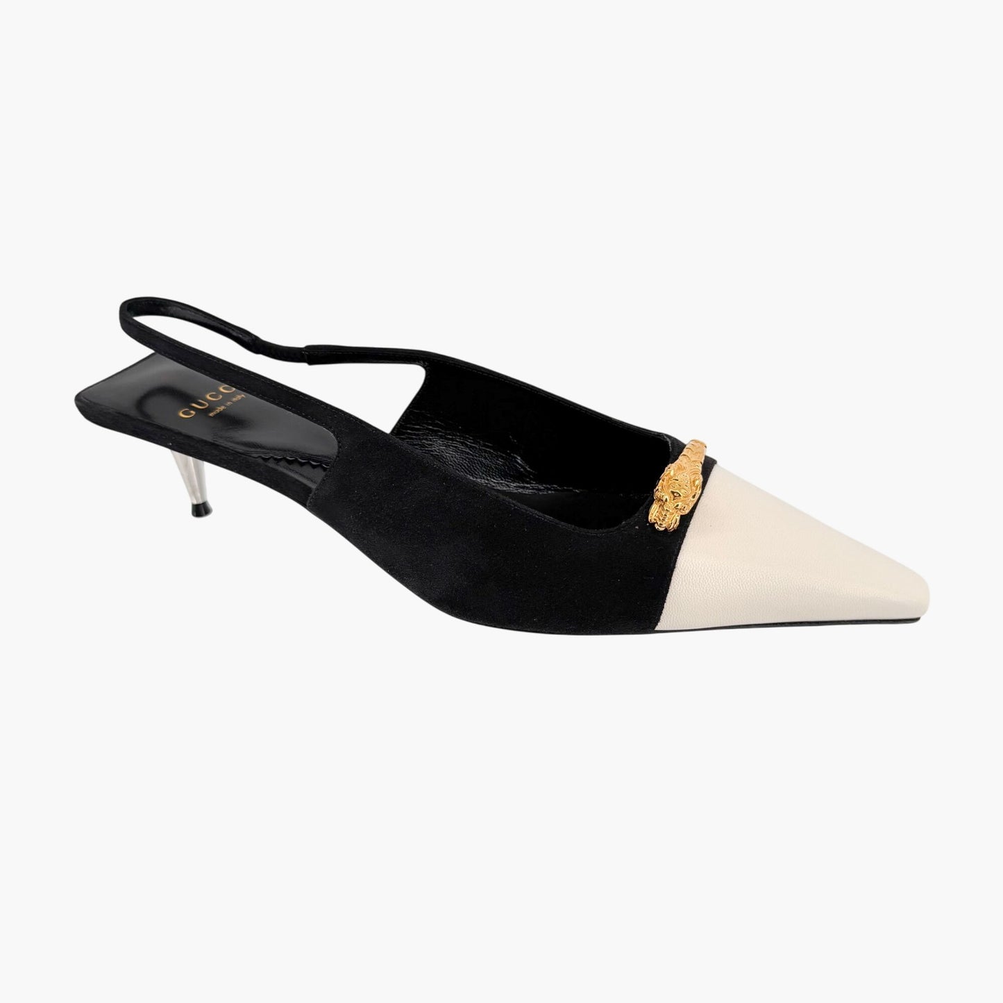 Gucci Tiger Pointed Toe Slingback Pumps in White Leather & Black Suede Size 40