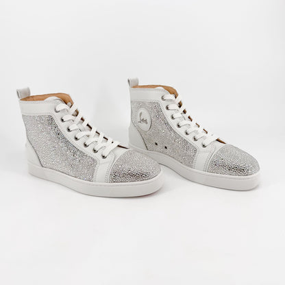 Christian Louboutin Louis Strass High Top Crystal-Embellished Sneakers in White Leather Size 40