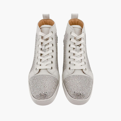 Christian Louboutin Louis Strass High Top Crystal-Embellished Sneakers in White Leather Size 40