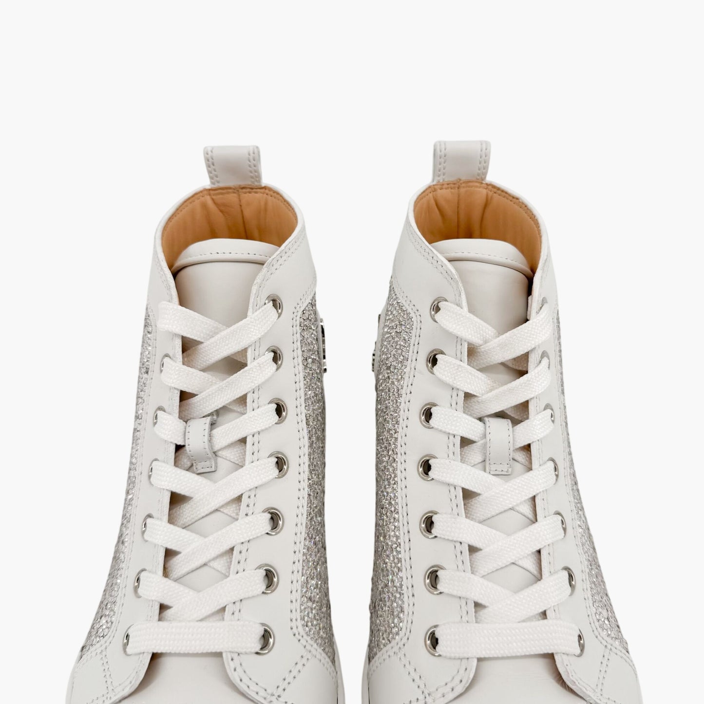 Christian Louboutin Louis Strass High Top Crystal-Embellished Sneakers in White Leather Size 40