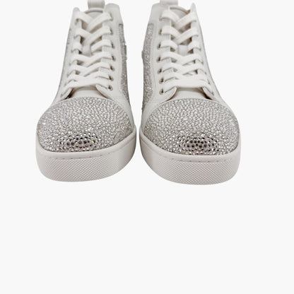 Christian Louboutin Louis Strass High Top Crystal-Embellished Sneakers in White Leather Size 40