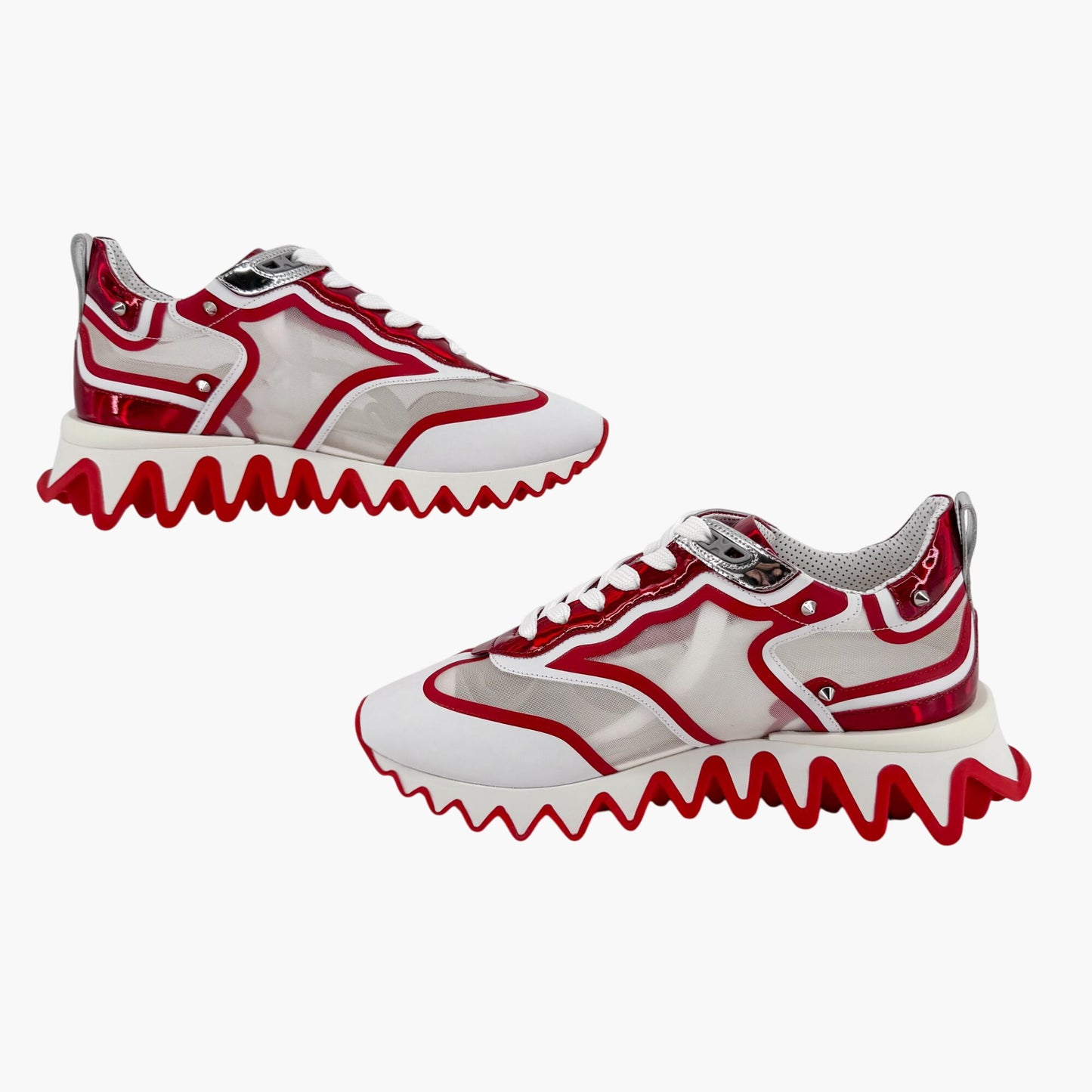 Christian Louboutin Sharkina Sneakers in White Mesh & Red Patent Leather – Size 38