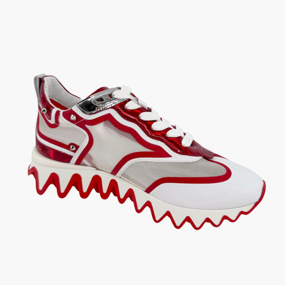 Christian Louboutin Sharkina Sneakers in White Mesh & Red Patent Leather – Size 38
