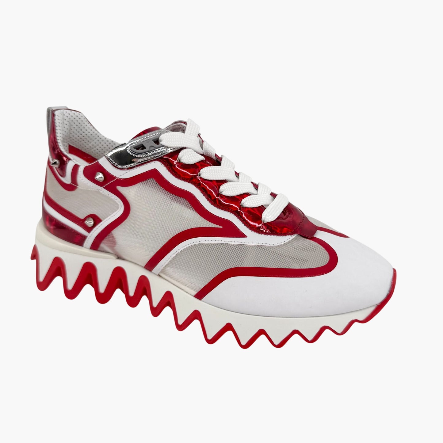 Christian Louboutin Sharkina Sneakers in White Mesh & Red Patent Leather – Size 38