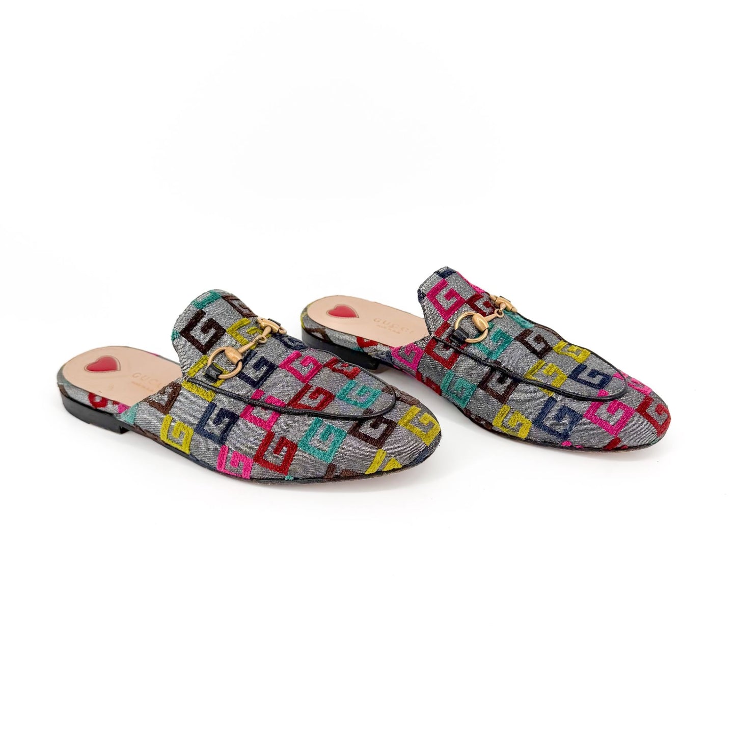 Gucci GG Brocade Princetown Mules Silver Size 37