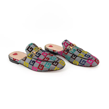 Gucci GG Brocade Princetown Mules Silver Size 37