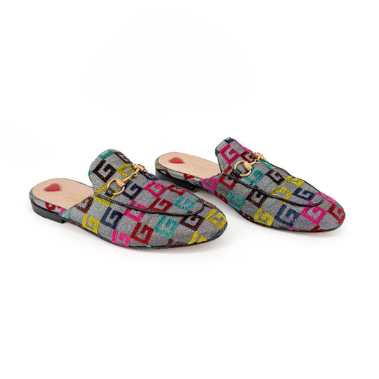 Gucci GG Brocade Princetown Mules Silver Size 37