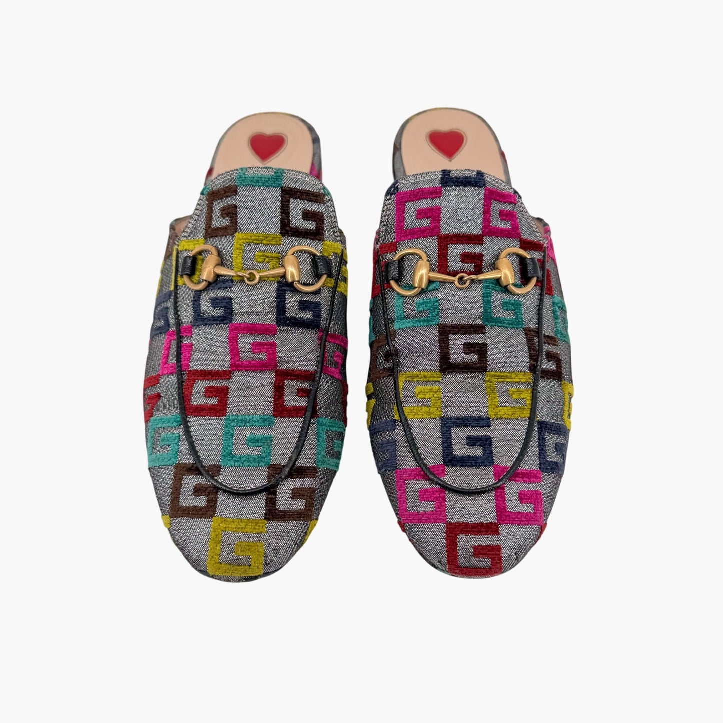 Gucci GG Brocade Princetown Mules Silver Size 37