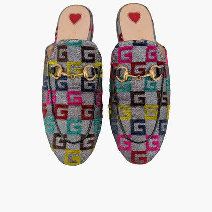 Gucci GG Brocade Princetown Mules Silver Size 37