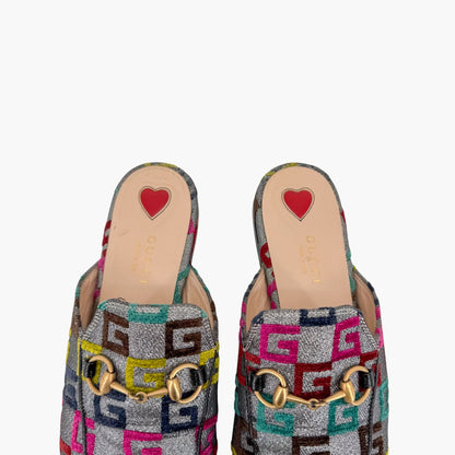 Gucci GG Brocade Princetown Mules Silver Size 37