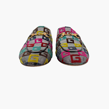 Gucci GG Brocade Princetown Mules Silver Size 37