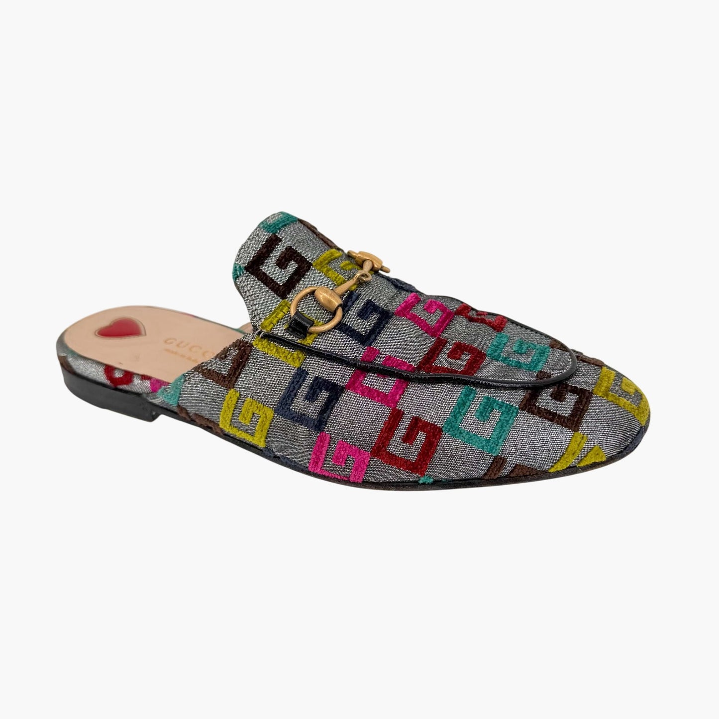 Gucci GG Brocade Princetown Mules Silver Size 37