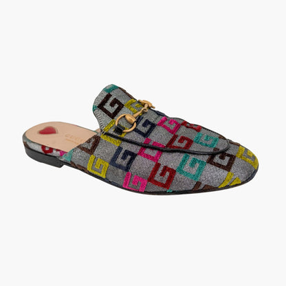 Gucci GG Brocade Princetown Mules Silver Size 37