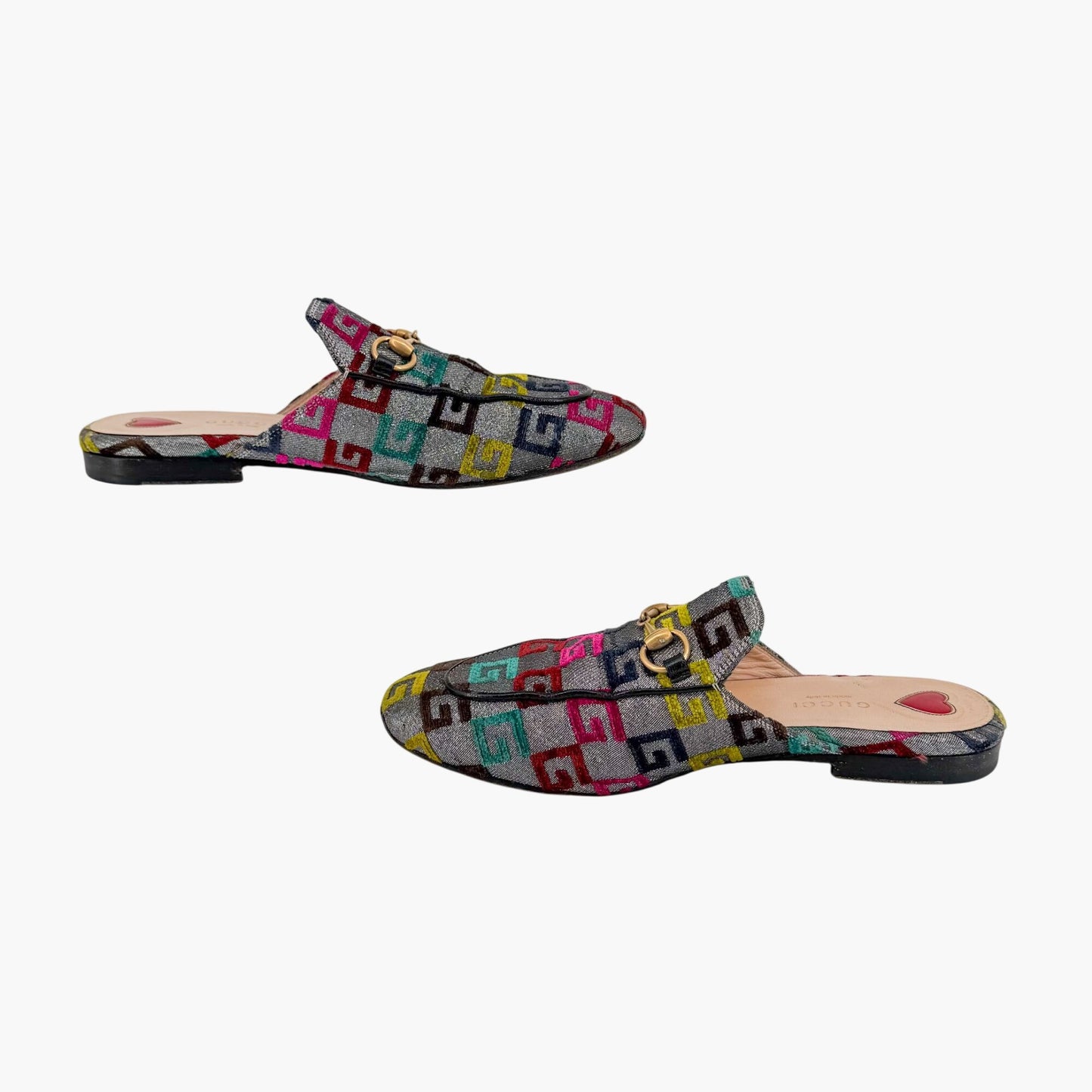 Gucci GG Brocade Princetown Mules Silver Size 37