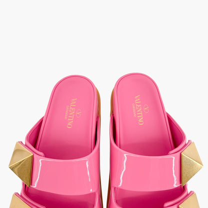 Valentino Garavani One Stud Slide Sandals in Pink Patent Leather Size 38