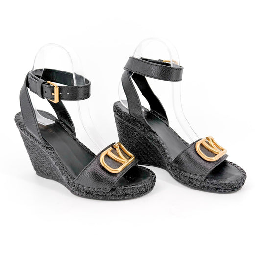 Valentino VLogo Espadrille Wedge Sandals Black Size 38