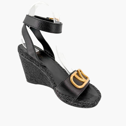 Valentino VLogo Espadrille Wedge Sandals Black Size 38