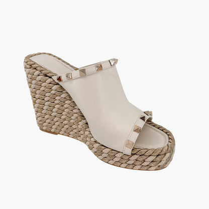 Valentino Garavani Torchon Rockstud Wedge Mules White Size 39