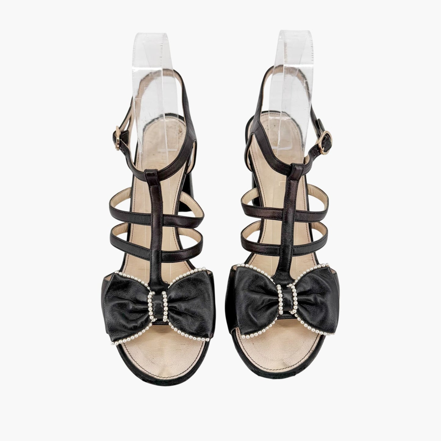 Chanel Pearl Bow Caged Sandals Black Size 39.5