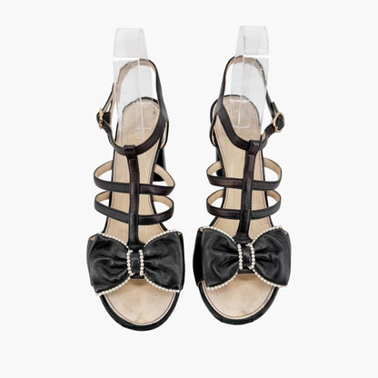 Chanel Pearl Bow Caged Sandals Black Size 39.5