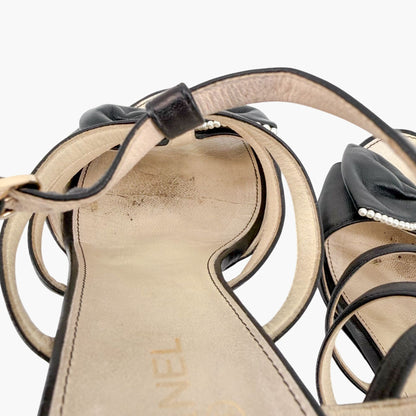 Chanel Pearl Bow Caged Sandals Black Size 39.5