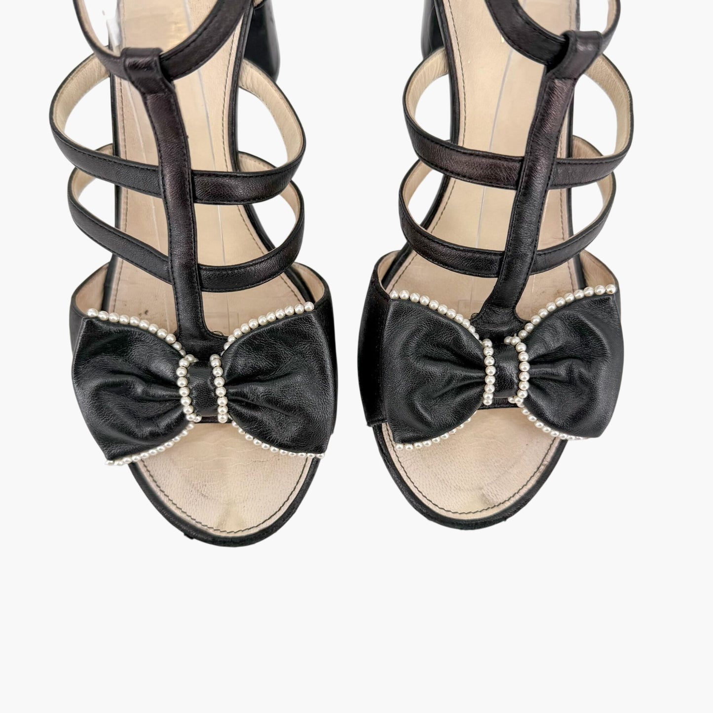 Chanel Pearl Bow Caged Sandals Black Size 39.5