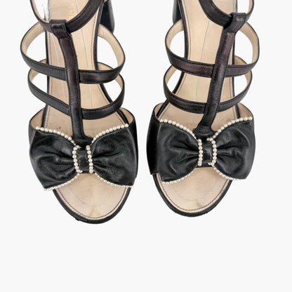 Chanel Pearl Bow Caged Sandals Black Size 39.5