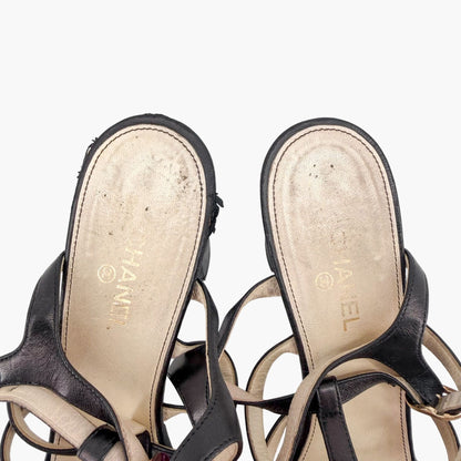Chanel Pearl Bow Caged Sandals Black Size 39.5