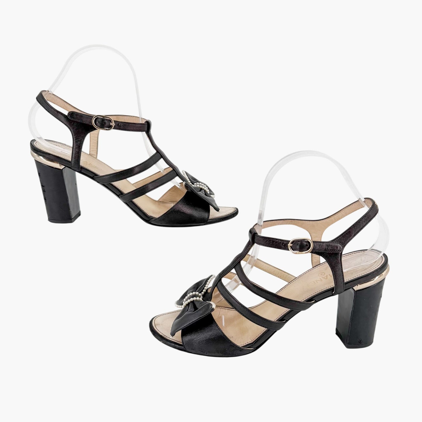 Chanel Pearl Bow Caged Sandals Black Size 39.5