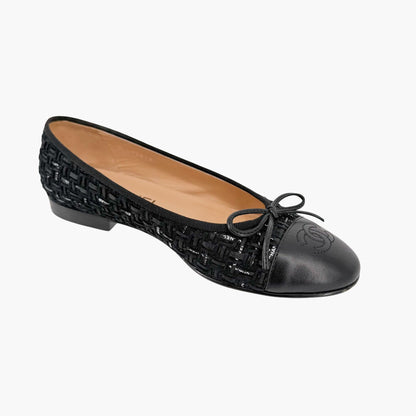 Chanel CC Cap Toe Ballet Flats Black Tweed Size 37