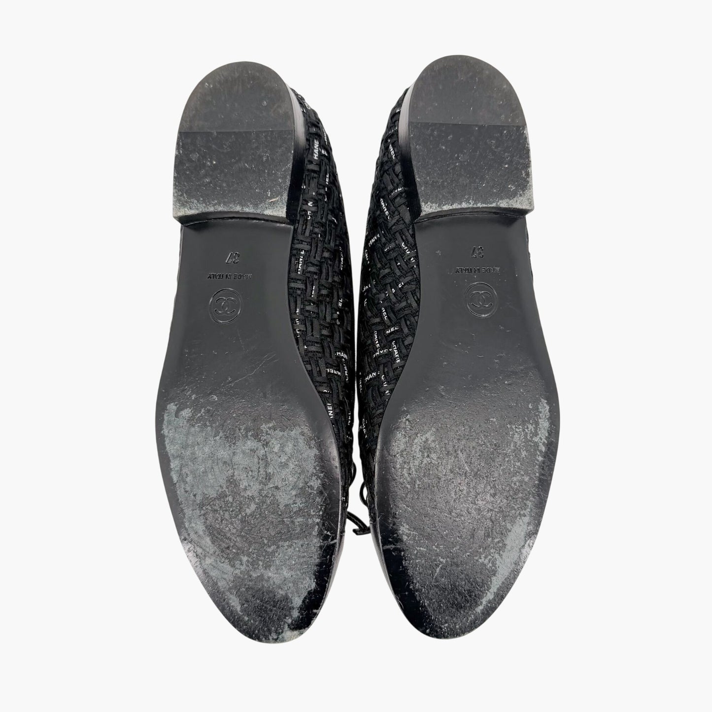Chanel CC Cap Toe Ballet Flats Black Tweed Size 37