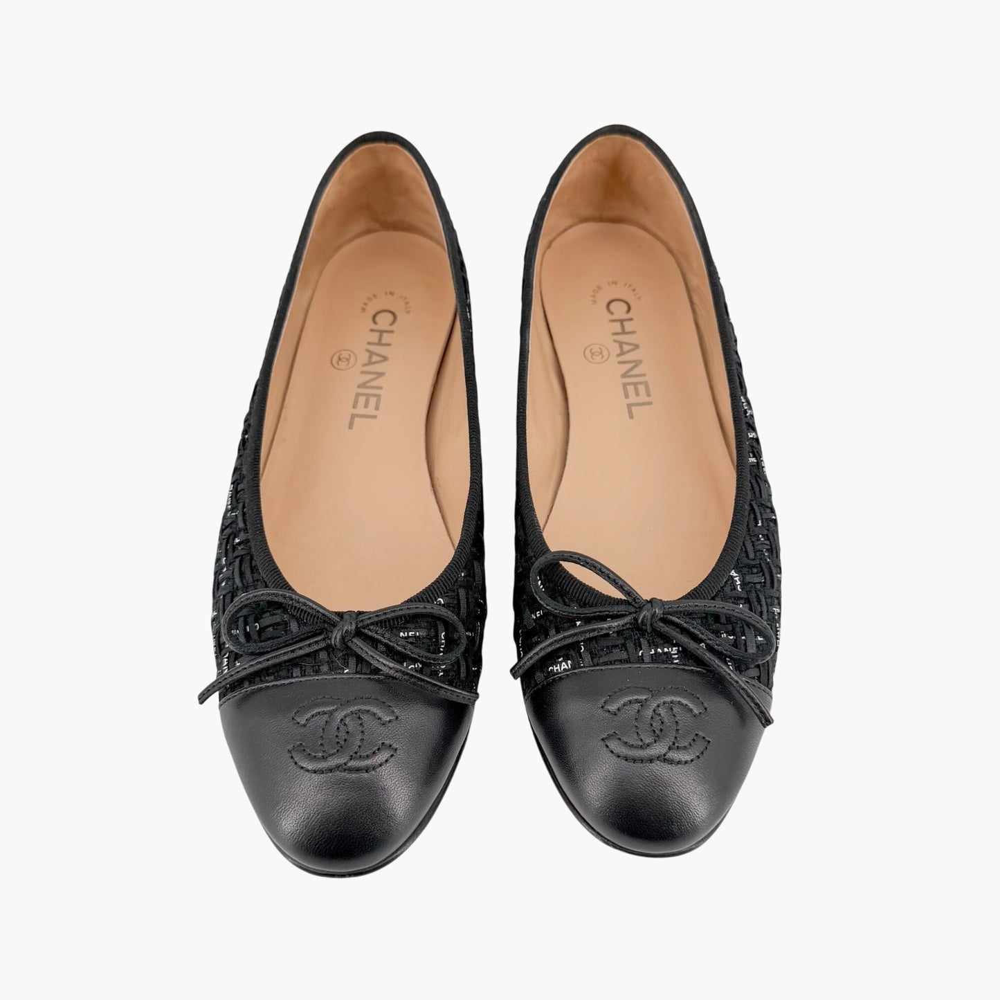 Chanel CC Cap Toe Ballet Flats Black Tweed Size 37