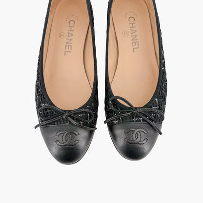 Chanel CC Cap Toe Ballet Flats Black Tweed Size 37