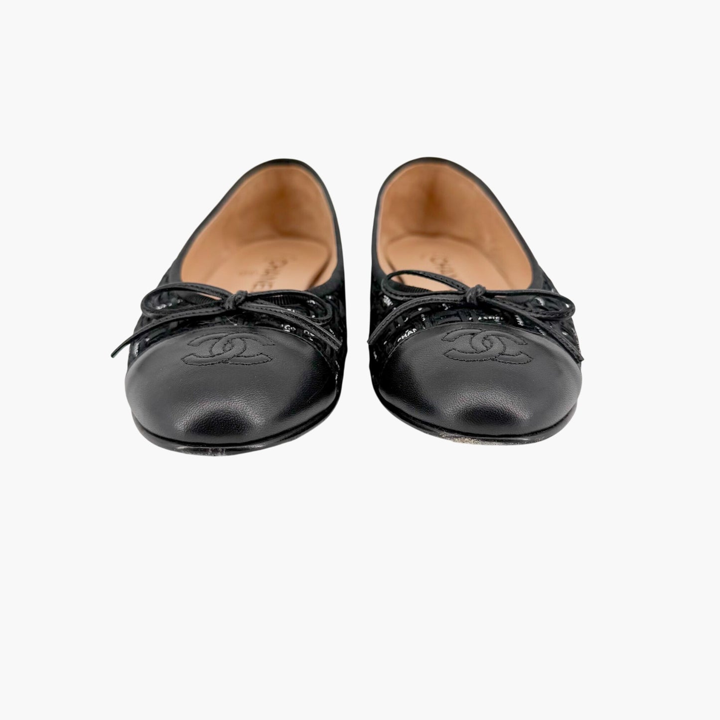 Chanel CC Cap Toe Ballet Flats Black Tweed Size 37