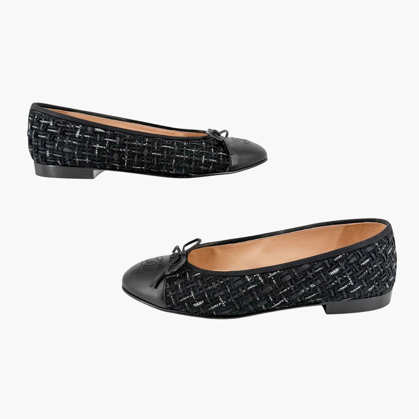 Chanel CC Cap Toe Ballet Flats Black Tweed Size 37