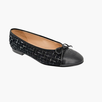 Chanel CC Cap Toe Ballet Flats Black Tweed Size 37