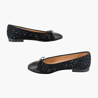 Chanel CC Cap Toe Ballet Flats Black Tweed Size 37