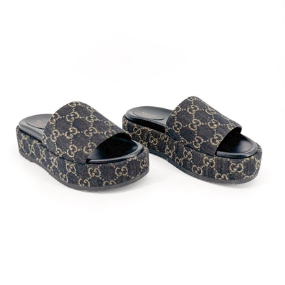 Gucci Angelina Platform Slide Sandals in Black GG Denim – Size 38